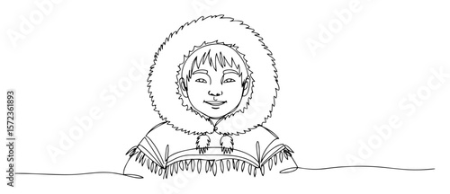 inuit child in traditional clothing line art illustration