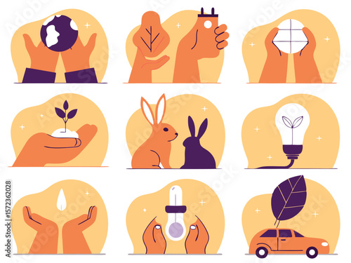 Eco friendly icons representing earth conservation nature and environmental preservation