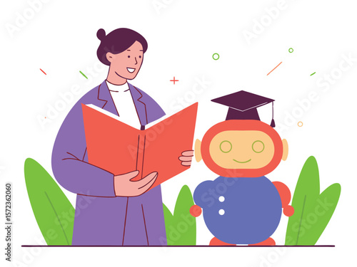 Educator reading book and graduated robot conceptualizing education and technology