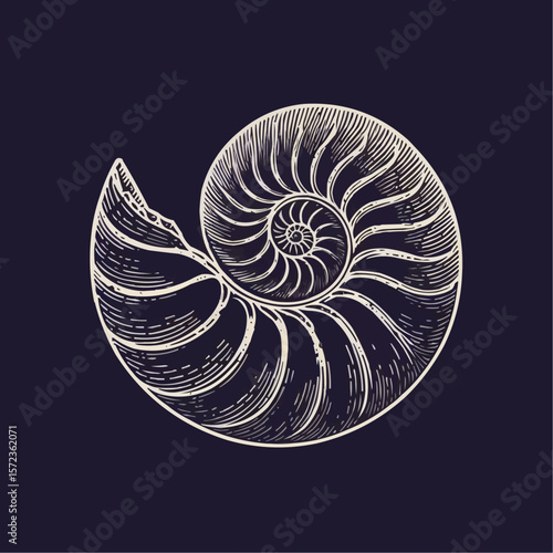 Detailed nautilus shell illustration in elegant line art style, monochrome, symbolizing marine life and nature