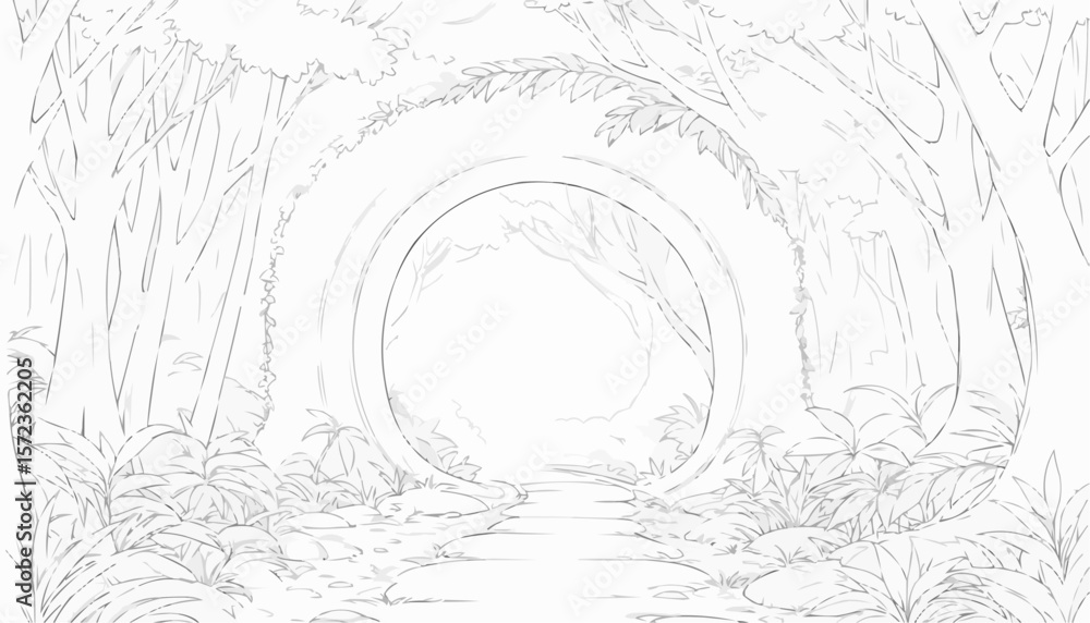 Fototapeta premium Enchanting forest pathway sketch with a mystical circular archway and lush greenery 
