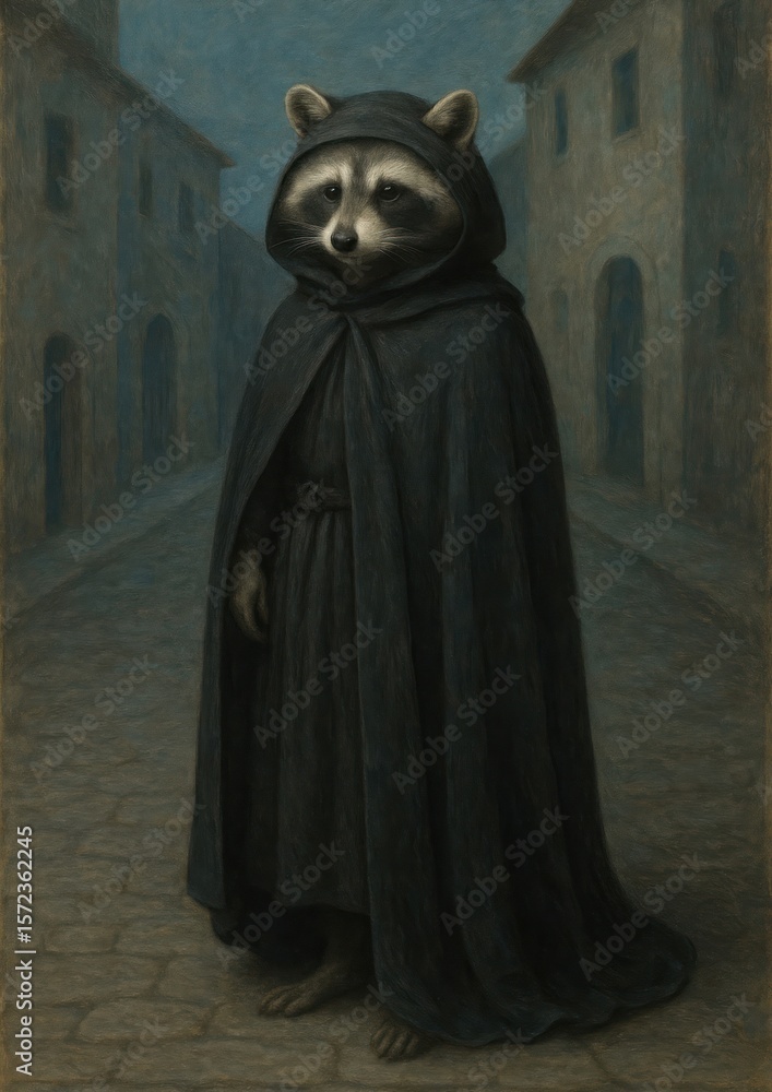 Naklejka premium Raccoon in mysterious medieval attire.