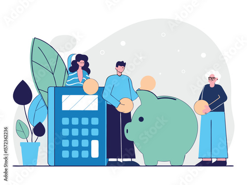 Financial planning and savings illustration featuring people with piggy bank and calculator