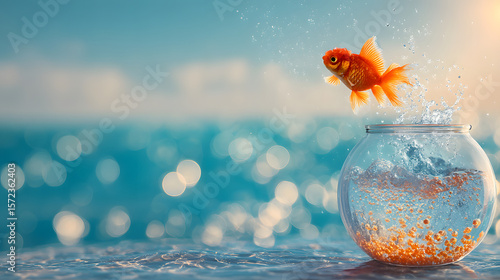 水槽から飛び出す金魚のジャンプシーン