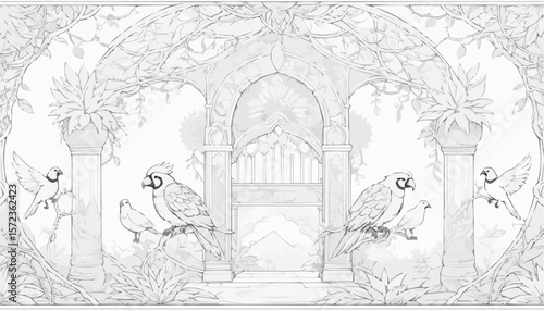Elegant garden scene coloring page featuring birds and archways adorned with greenery