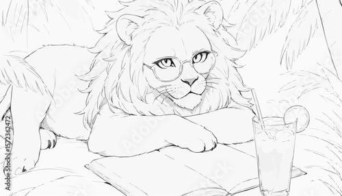 Relaxed lion coloring page featuring a lion wearing glasses lounging with a book and a drink
