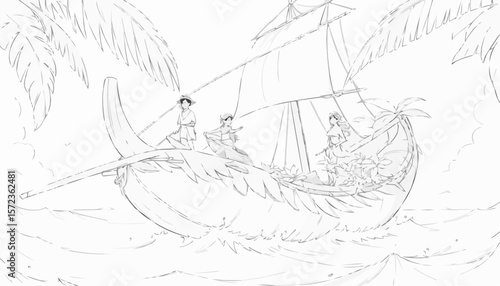 Tropical canoe adventure coloring page featuring children sailing on a boat in the ocean