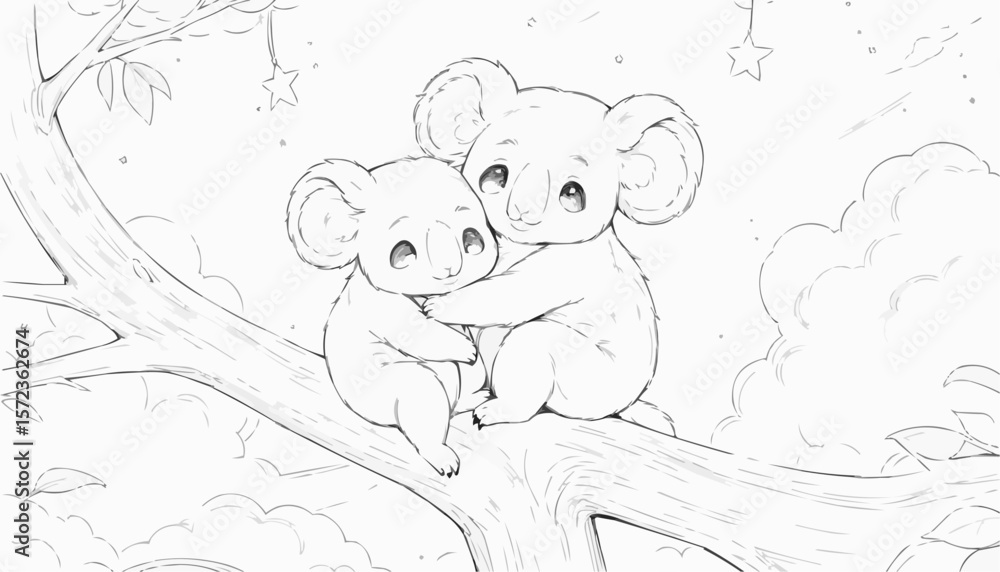 Adorable koalas hugging on a tree branch, heartwarming wildlife scene, black and white coloring page Adorable koalas hugging on a tree branch, heartwarming wildlife scene, black and white coloring page