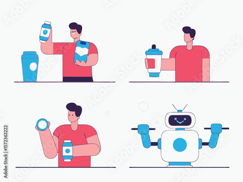 Healthy lifestyle and robotic assistance presented in a modern flat vector illustration