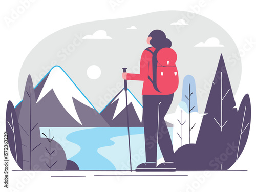 Hiking adventure illustration with a backpack and trekking poles on a white background