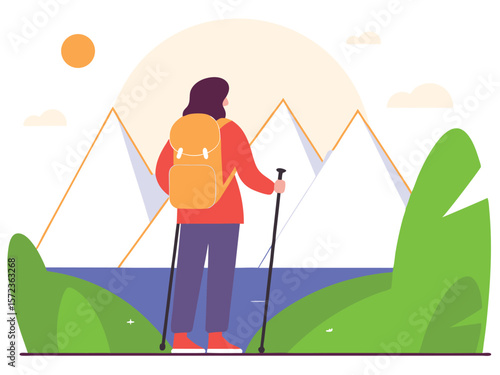 Hiking illustration featuring a person with backpack and trekking poles in nature