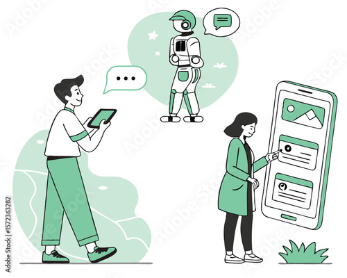 Illustrated concept of digital communication involving ai and mobile devices