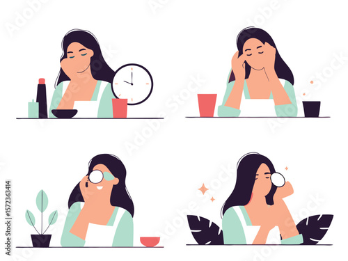 Illustrated routine of a woman caring for her skin with facial treatment