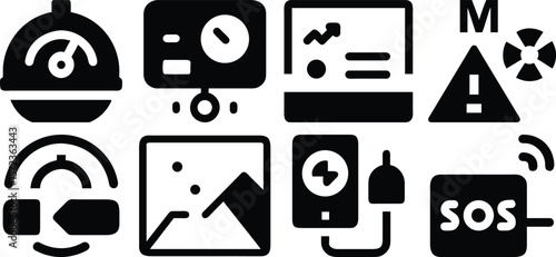 Vector art of a set of black glyph icons depicting various indicators, including speed, warnings, and an sos signal isolated on transparent background.