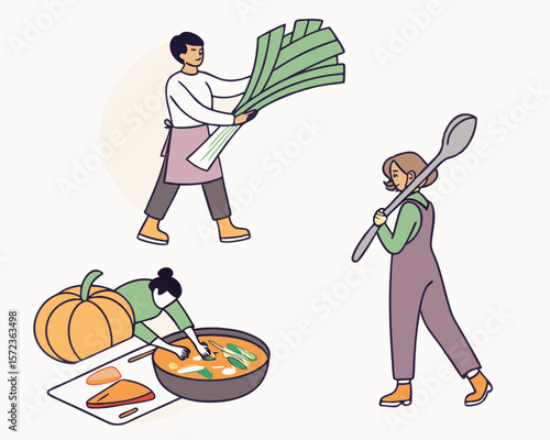 Illustration depicting people preparing food with leeks, pumpkin and soup in kitchen