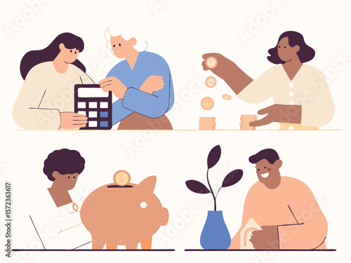 Illustration of financial planning and savings with people and piggy bank on white background