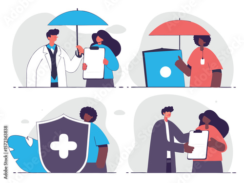 Insurance and healthcare concepts illustrated by people with protection and guidance