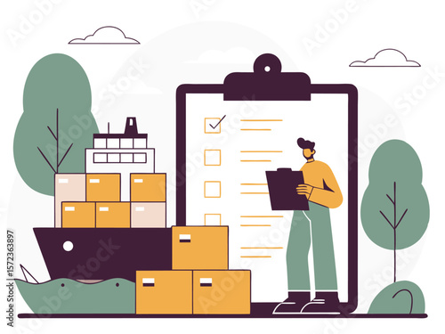 International shipping process with cargo ship and checklist on a white background