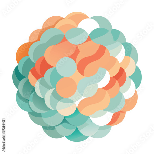 Abstract graphic design featuring smooth transitions of colorful shapes creating a spherical pattern isolated on white.