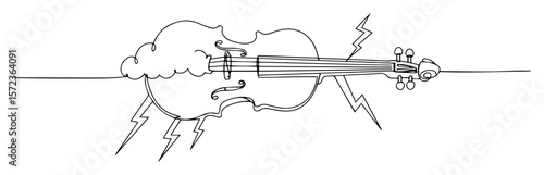 violin lightning cloud surreal line art