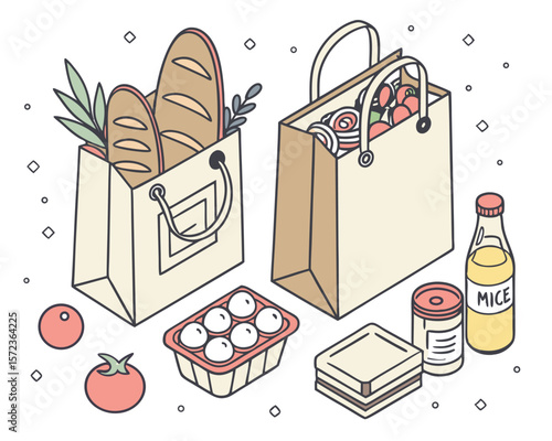 Isometric illustration of grocery shopping with food items and shopping bags