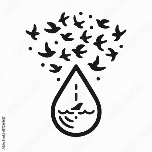 Contemporary black and white illustration of a water droplet with flying birds for artistic expression
