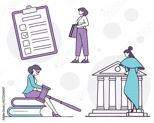 Legal professionals with checklist, courthouse, and justice gavel illustration on white background