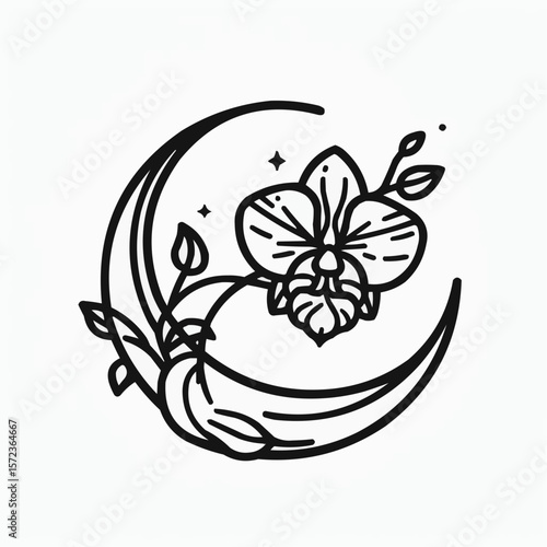 Elegant black and white illustration of an orchid flower intertwined with a crescent moon for artistic design
