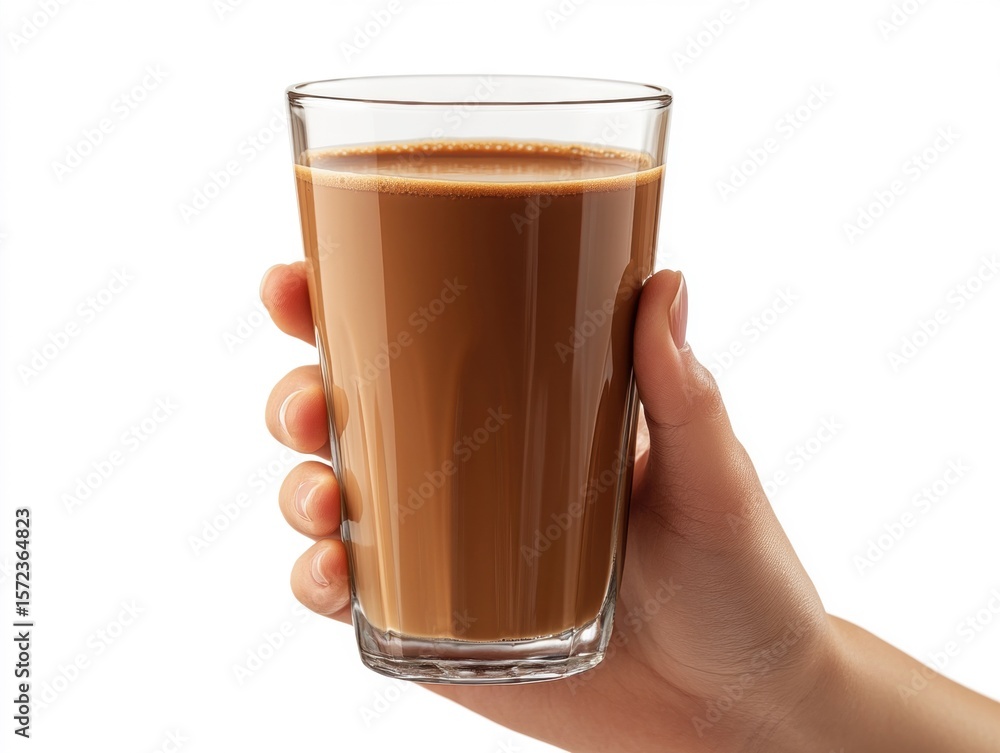 A hand is shown holding a glass filled with rich, creamy coffee. The beverage appears freshly made, inviting a moment of relaxation and enjoyment. A hand is shown holding a glass filled with rich, creamy coffee. The beverage appears freshly made, inviting a moment of relaxation and enjoyment.