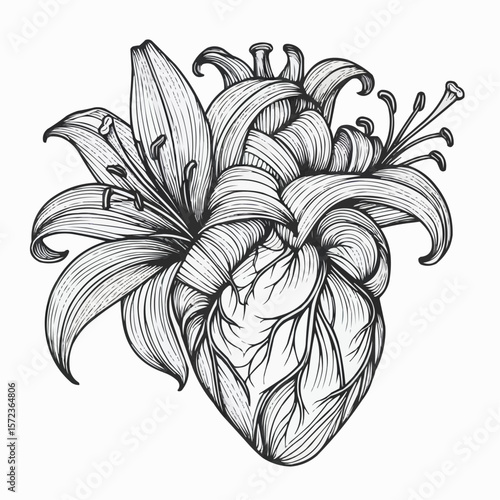 Artistic black and white illustration of a heart made of lily flowers for creative expression and symbolism
