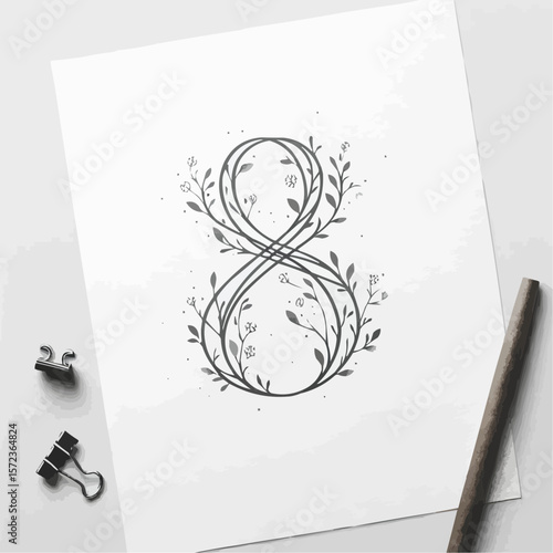 Elegant black and white illustration of the number eight adorned with floral vines for artistic design
