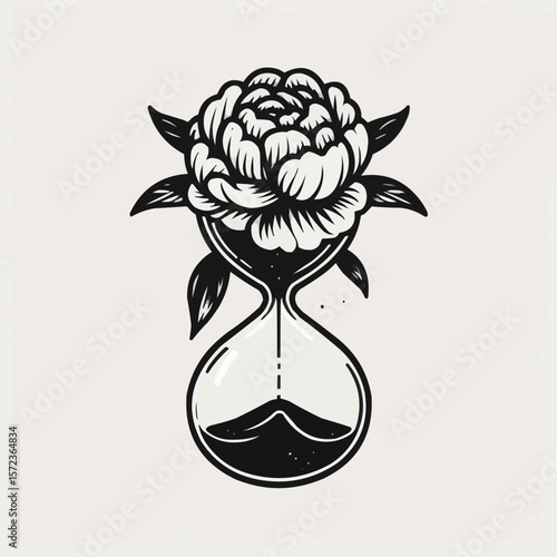 Intricate black and white illustration of an hourglass with a peony flower for artistic symbolism and expression
