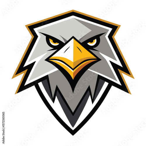Fierce goldeneyed eagle stares intensely forward with a strong, angular golden beak and gray plumage
