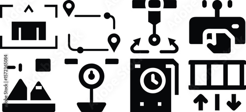 Vector art of a set of black icons depicting automated logistic processes, including delivery, transport, and warehouse management isolated on transparent background.