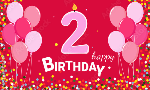 Happy Birthday. 2 years old. Children's birthday. Balloons and a candle on a pink background.