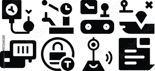 Vector art of a set of eight sleek, black icons depicting various technological and industrial processes isolated on transparent background.