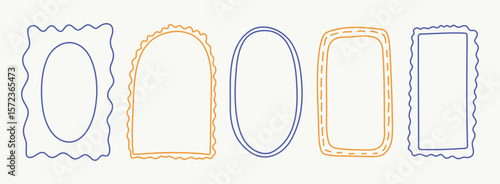 Whimsical hand drawn Italian borders, postcard stamp set. Vintage Italy summer frames. Minimalist mediterranean yellow, blue elements for menu, wedding, invitation. Doodle Isolated vector illustration