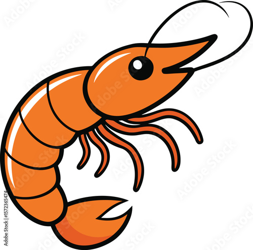 Cute cartoon orange shrimp with black outline isolated on white background