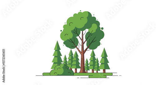 Vibrant Green Forest Landscape Illustration with Diverse Tree Species and Lush Foliage in a Stylized Design