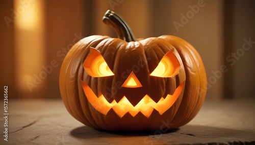 A glowing jack-o'-lantern smiles, ready for Halloween night with an inviting, carved face.