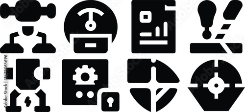 Vector art of a set of black glyph icons depicting various industrial control system elements isolated on transparent background.