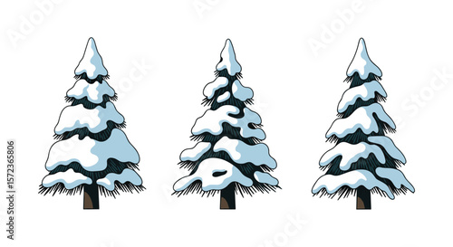 Three Snowy Pine Trees in a Winter Wonderland Scene Beautifully Decorated