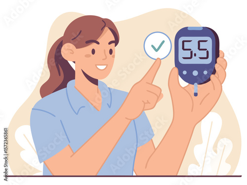 Smiling woman demonstrates blood glucose reading with a normal result display