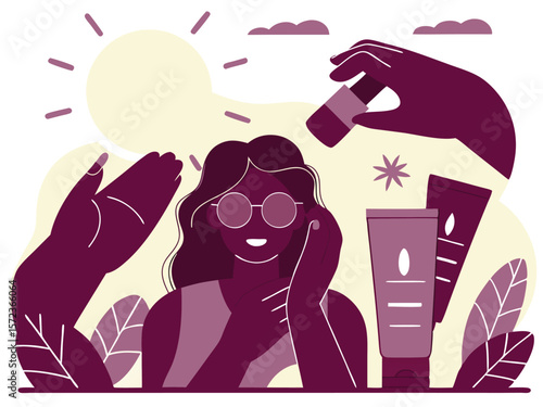 Sunscreen application illustration protects person from intense sunlight with transparency