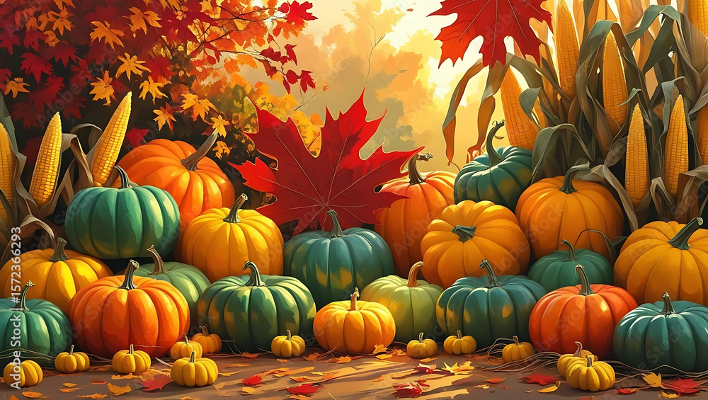 Naklejka premium Autumn Harvest Background with Pumpkins, Leaves, and Corn – Thanksgiving Theme