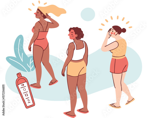 Three women with sunburn and sunscreen illustration on a white background