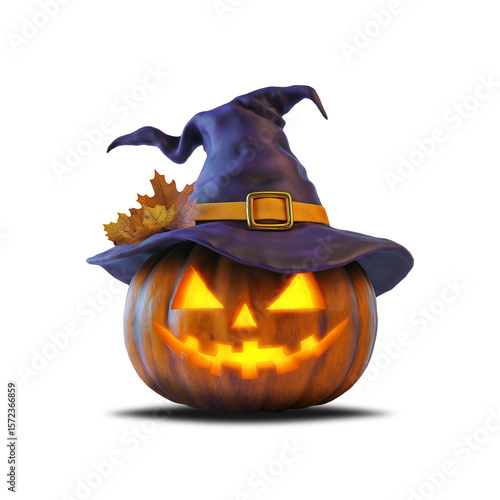 Glowing halloween pumpkin on a witch hat - 3d png