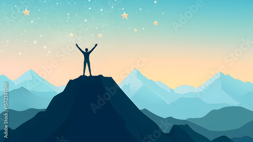 Achieving success silhouette person standing at the mountain peak reaching for the stars