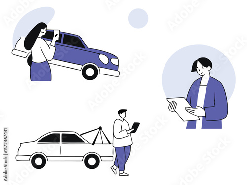 Car accident scene illustration with people evaluating damage and towing
