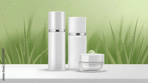 Wallpaper Mural A fresh cosmetic set with white bottles and a cream jar, topped with a glistening droplet, against a vibrant green grassy background, conveying natural purity Torontodigital.ca